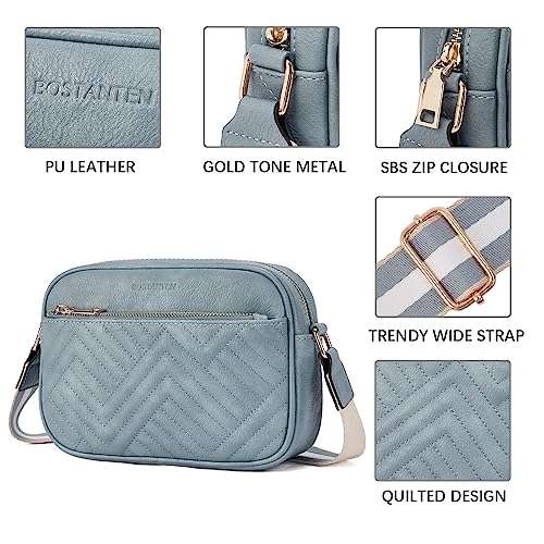 BOSTANTEN Quilted Crossbody Bags for Women Vegan Leather Purses Shoulder Handbags with Wide Strap - color: Light Blue