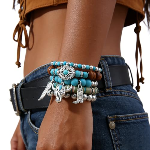 Western Turquoise Beaded Bracelet Stack - Vintage Cowgirl Stretch Set with Bull Skull, Feather & Boot Charms, Handmade Boho Jewelry for Rodeo, Country Concerts & Casual Western Outfits - style: Cow