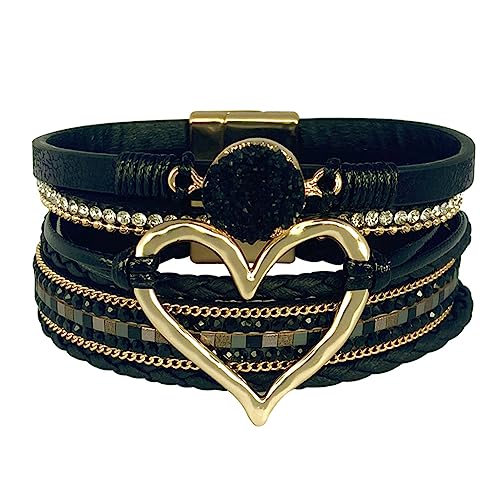 Womens Multi Layer Heart Leather Wrap Bracelet Boho Stackable Cuff Bangle Magnetic Clasp Crystal Birthday Valentine Gift - color: Black