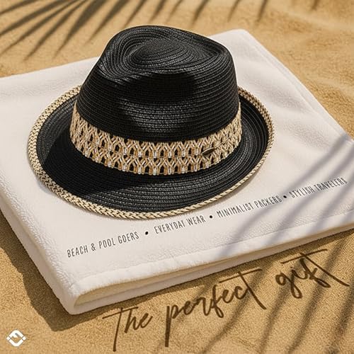 Funky Junque Straw Fedora Hats for Women - UPF 50+ Sun Hat, Short Brim Packable Beach Hat with Woven Pattern - color: Black/Natural
