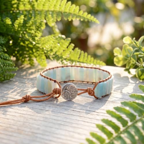 YGLINE Boho Handmade Wrap Leather Tube Crystal Stone Bracelet for Women - color: Amazonite