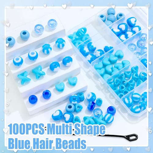 NAISKA 100PCS Blue Hair Beads Sets Heart Braids Beads 10 Styles Loc Bead Flower Round Pony Bead Loc Dreadlock Braids Accessories for Kids Girls - color: Blue