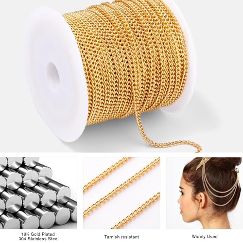 [66 Feet/ 20M] 18K Gold Plated Stainless Steel Curb Chain, 2mm 304 Stainless Steel Flat Twisted Links Curb Chains Bulk for Jewelry Making Necklace DIY Craft - color: Gold Color, size: 2.0mm width