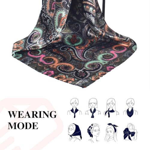 35 x 35 Women's Fashion Pattern Large Square Silk Like Hair Scarf Head Sleeping Wrap Satin Neck Bandana for Gift… - color: Black-buddha Cashew Nut