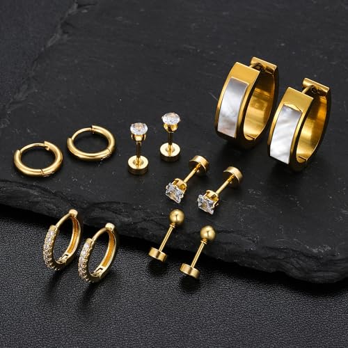 Silver Gold Plated Surgical Steel Flat Back Earrings for Women Hypoallergenic 14K Gold Plated Stud Huggie Earring Set Fashion Shell Cubic Zirconia Flatback Studs Cartilage Earrings Pack for Multiple Piercing 5/8Pairs - color: 6 Pairs Gold Plated Shell Wat