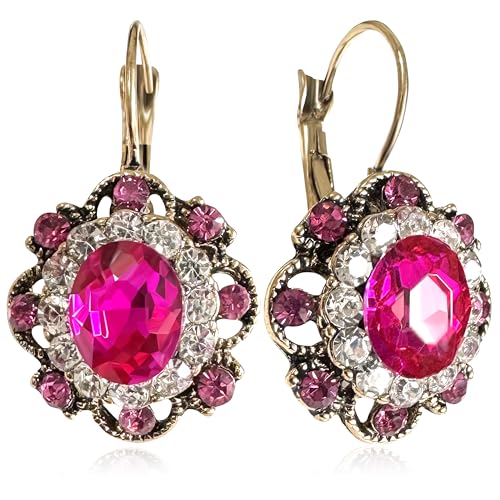 Handmade Bohemian Vintage Gold Sparkly Crystal Round Flower Leverback Earrings Cute Rhinestone Geometry Dangle Drop Earring for Women - color: Rose Red