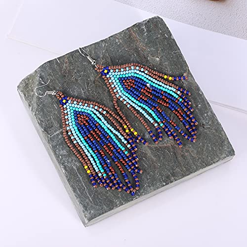Long Beaded Tassel Earrings - Bohemia Colorful Bead Handmade Beaded Tassel Earrings，Gifts and Christmas - color: Dark gray blue