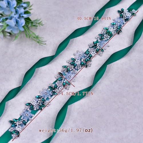 Rhinestone Wedding Bridal Belt for Women Formal Dress Handmade Crystal Beading Wedding Sash Belt - color: Green