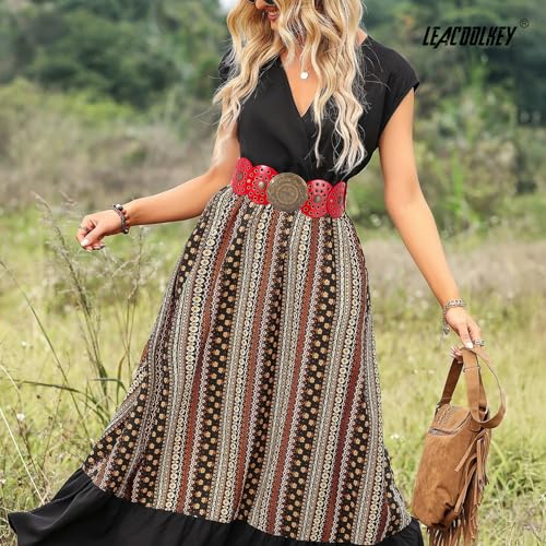 LEACOOLKEY Women's Boho Disc Belt Wide Western Leather Belt Vintage Concho Waist Belts for Dress Jeans - color: A-red, size: Fits 34"–39" (Waist/Hips), style: Style a