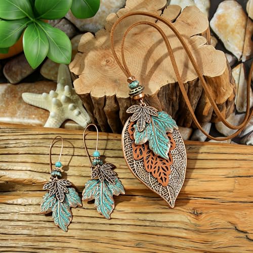 Wooden Leather Necklaces Set Bohemian Wood Stack Discs Long Chain Hemp Rope Bronze Plated Pendant Ethnic Tribal Fall Leaf Earrings Jewelry Statement Necklace - color: R-029