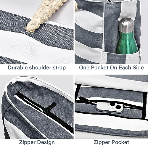 Becokan Beach Bag Large Beach Tote Bag for Women Waterproof Sandproof Swim Pool Bag With Zipper - color: Dark Grey