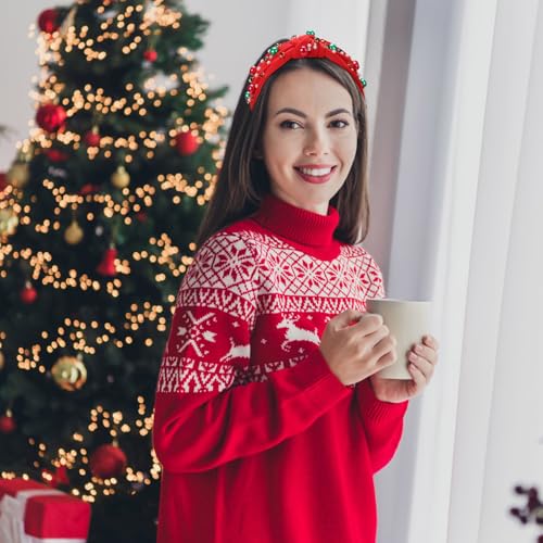 WantGor Pearl Knotted Headband, Women Rhinestone Embellished Hairband Elegant Wide Top Knot Bride Headbands Headpieces Party Fashion Elegant Ladies Hair Band Hair Hoop Accessories (Christmas Red) - color: Christmas Red