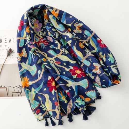 WaJuemy Travel Boho Scarf for Women Casual Lightweight Pashmina Scarves Fashion Multicolor Shawl Wraps with Fringed Beads - color: 49 Navy Bloom