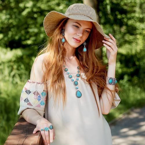 Ecally Bohemian Western Jewelry Turquoise Set Women Country Pendant Long Choker Layered Bracelets Earrings Ring for Women - color: Turquoise, style: Retro