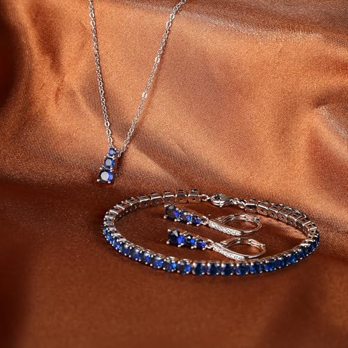 Crysdue Cubic Zirconia Jewelry Set for Women Bridesmaid, Classic Round Cut Drop Lightweight Lever Back Earrings Pendant Necklace Tennis Bracelet for Wedding Prom Party - style: 3pcs Sapphire, Silver