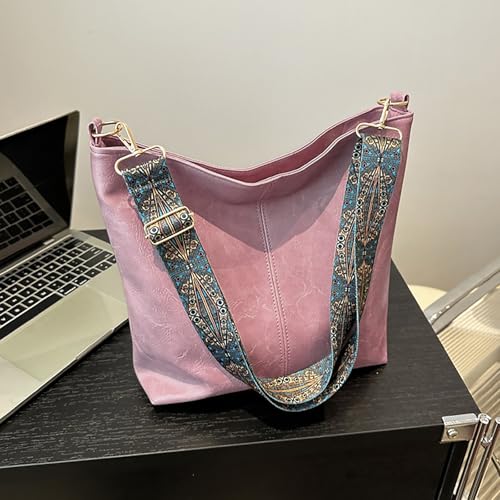 Hobo Bags for Women Crossbody Bag Guitar Strap Purse Vegan Leather Shoulder Handbags Boho Purses Tote Bucket Bag - color: Pink