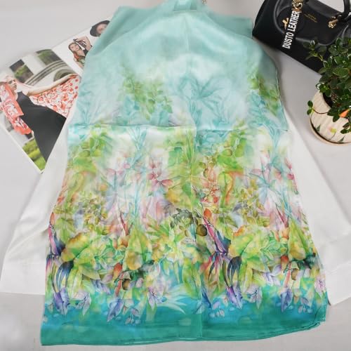 100% Mulberry Silk Women's Neck Silk Scarf-Lightweight Shawl,FLoral Print Beach Silk Wrap-Scarves for Photography - color: Lake Green