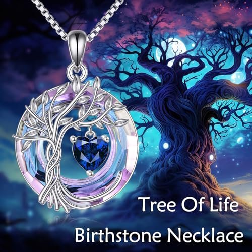 POPLYKE Mothers Day Gifts for Mom Her Wife Tree of Life Necklace 925 Sterling Silver Birthstone Pendant with Crystal Anniversary Birthday Wedding Jewelry for Women - color: 09-Sep-Sapphire, style: White Gold Plated-Amethyst Crystal