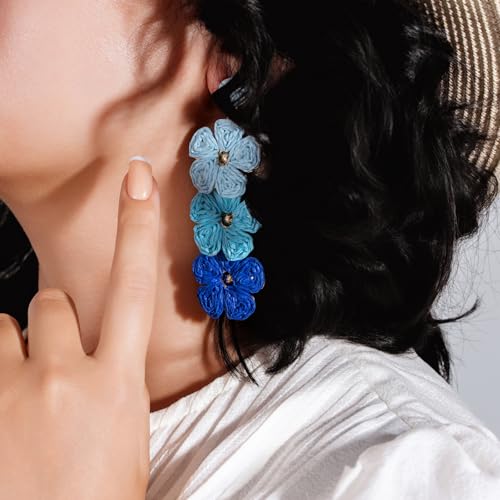 Boho Flower Earrings Statement Raffia Dangle Earrings Cute Floral Jewelry Trendy Summer Beach Vacation Outfits for Women - color: Blue-2