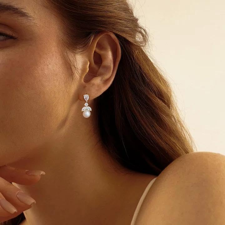 Pearl Earrings for Women, Dainty Wedding Bridal Earrings 14k Gold Plated CZ Pearl Drop Earrings for Women Trendy Hypoallergenic Unique Gold Drop Earrings Fashion Prom Jewelry - color: Gold-E