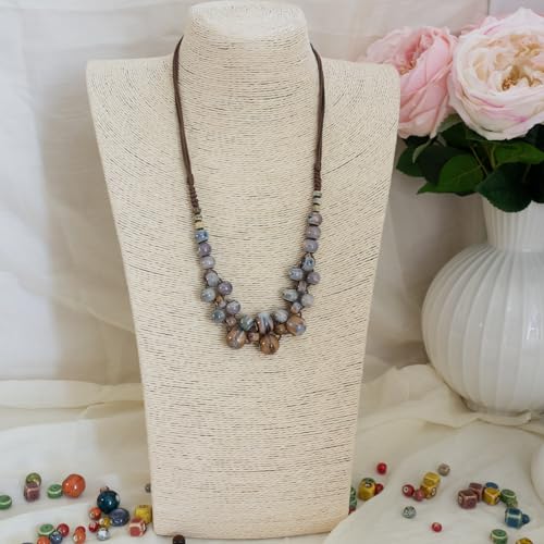 Boho Round Colorful Ceramic Beaded Necklace, Adjustable Hippie Statement Necklace, Handmade Ethnic Jewelry Gift for Women - color: Brown