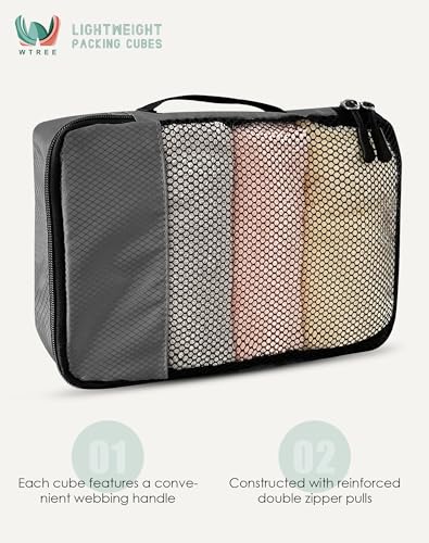 WTREE 4-Piece Packing Cubes Travel Accessories Set for Suitcases - Luggage Organizer Bags with Double Zipper - Mesh Top - Small/Medium/Large/Slim - Dark Grey - color: Dark Grey, size: Slim, Small, Medium, Large