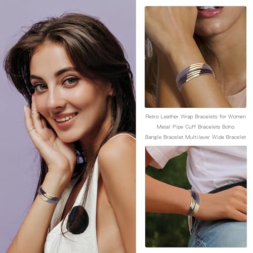 Long tiantian Boho Bracelets for Women Western Jewelry for Women Leather Wrap Bracelets Stackable Bangle Western Outfit for Women - color: hang loose bracelet(grey)