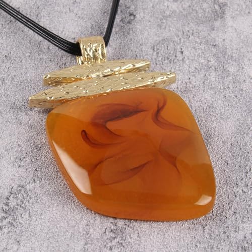 GelConnie Leather Necklace for Women Large Pendant Long Brown Necklace Circle Leather Choker Vintage Sweater Necklace Gold Chunky Boho Necklaces for Women - style: Brown Stone Necklace