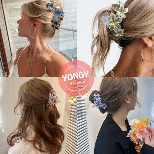 YONOY 6Pcs Flower Hair Clips for Women,Non-Slip Matte Flower Hair Clips for Women,Hawaiian Hair Flower Clip Large Plumeria Banana Cute Clip Beach Hair Accessories (Pearlescent color) - color: Color C