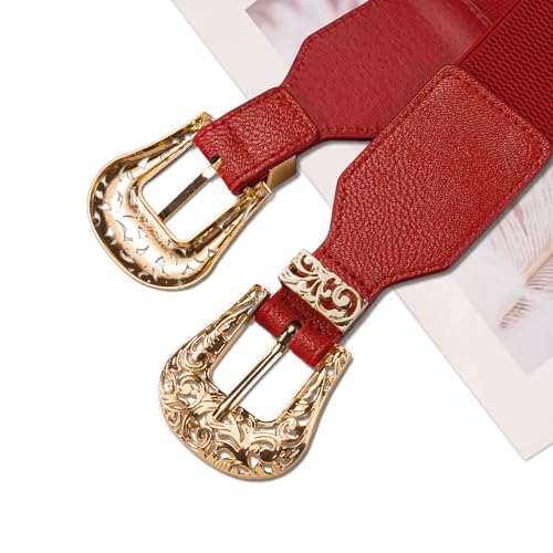 Dubulle Womens Belt Chain Leather Belts Vintage Western Adjustable Elastic Double Buckle for Cowboy Pant Dress - color: Red Gold