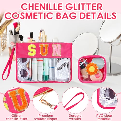 Hillban 2 Pcs Sunscreen Chenille Letter Bags Makeup Cosmetic Bag Waterproof Sun Travel Pouch Beach Pool Things Summer Stuff Preppy Patch Traveling Accessories for Women (Sun Theme) - style: Sun Theme