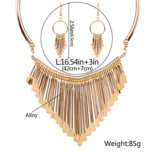 YAZILIND Women Ethnic Style Tassel Drop Pendant False Collar Statement Necklace Earrings Set - color: Gold