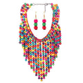 COLORFUL BLING Boho African Wooden Beaded Bib Statement Choker Necklace Long Multi Strand Chunky Layered Collar Tassel Necklace for Women Handmade Jewelry - color: yellow mix