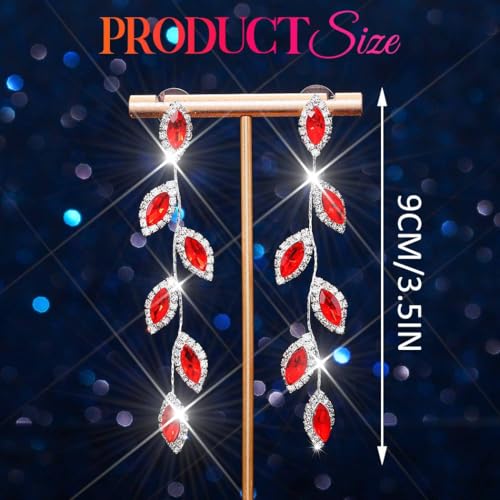 Catery Crystal Wedding Earrings Rhinestones Dangling Earrings Leaf Bridal Ear Jewelry for Brides and Women - color: Red