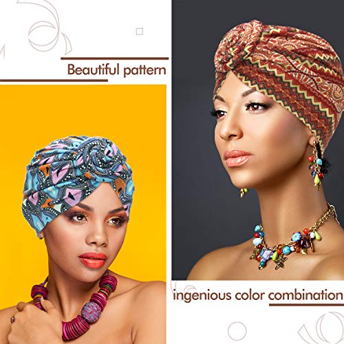 SATINIOR 4 Pieces African Pattern Headwrap Pre-Tied Bonnet Turban Knot Beanie Cap Headwrap Hat - style: Plaid Striped Style