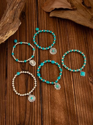 Western Outfit for Women Bohemian Vintage Stackable Turquoise Bracelet Rustic Beaded Cow Head Charm Stretch Bracelet Western Jewelry Country Concert Outfits for Women - style: Style1