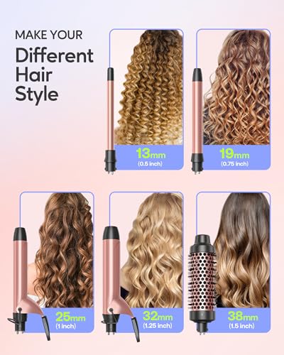 Wavytalk 5 in 1 Curling Iron,Curling Iron Set with Heated Round Brush and 4 Interchangeable Ceramic Curling Wand(0.5”-1.25"), Instant Heat Up,Dual Voltage Hair Curler - color: Rose Pink