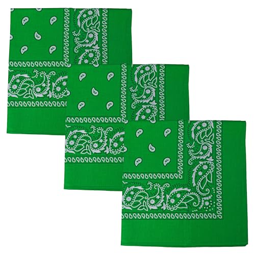 Motique Accessories Set of 3 Paisley Bandanas – 100% Cotton 22 Inch Head Scarf Neck Bandana Face Cover - color: Kelly Green