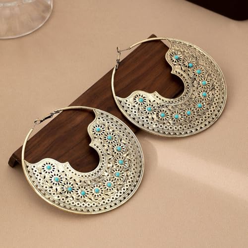 Chunky Metal Hoop Earrings for Women Vintage Bohemian Large Circle Earrings Gold Silver Textured Statement Earrings Trendy 80/90s Earring Oversized Big Dangle Earring Christmas Birthday Party Prom Banquet Costume Jewelry - color: Gold