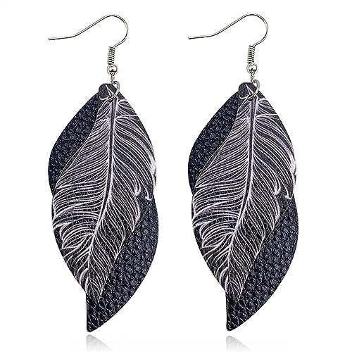 ANXIN boho unique Leather Earrings 2 Layered Lightweight Faux Leather Leaf Earrings Layered Design Drop Earrings Gift for Women - color: Black Faux Leather Leaf Earrings