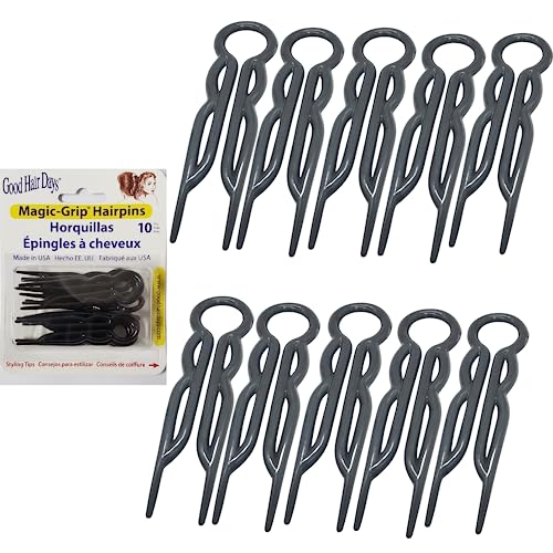Good Hair Days Magic-Grip Hairpins - 2 1/2" U-Shaped Grip Hair Pins for Fine, Thick, Curly & Long Hair, Invisible Strong Hold Styling Accessories, Set of 10, USA-Made (Midnight Black) - color: Black, size: Set of 10