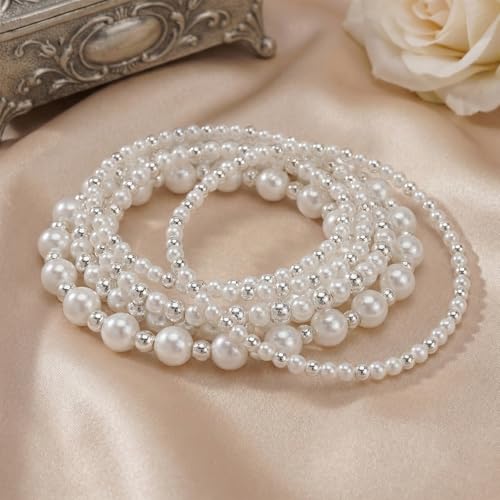 14K Gold Plated Beaded Bracelets Stack Set for Women,Stretch Boho Colorful Beads Ball Jewelry Friendship Summer Trendy - color: Silver pearl