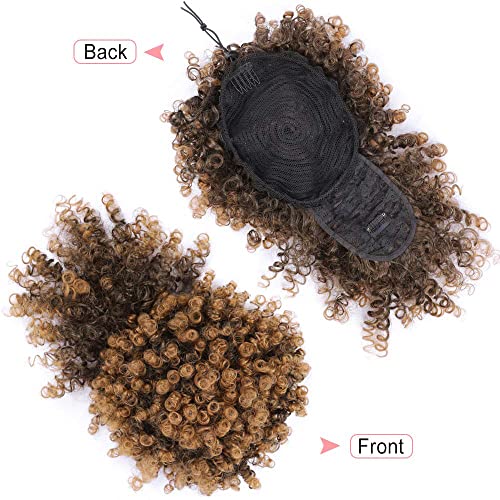 Afro Puff Drawstring Ponytail for Black Women, Kinky Curly Synthetic Hair Bun Extension with Bangs, Short Clip in Updo Hairpiece, T30 Ombre - color: T30