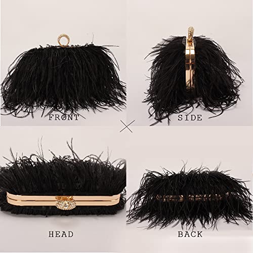 Women Real Natural Ostrich Feather Evening Bags Purses Clutch Vintage Banquet Handbag - color: Black