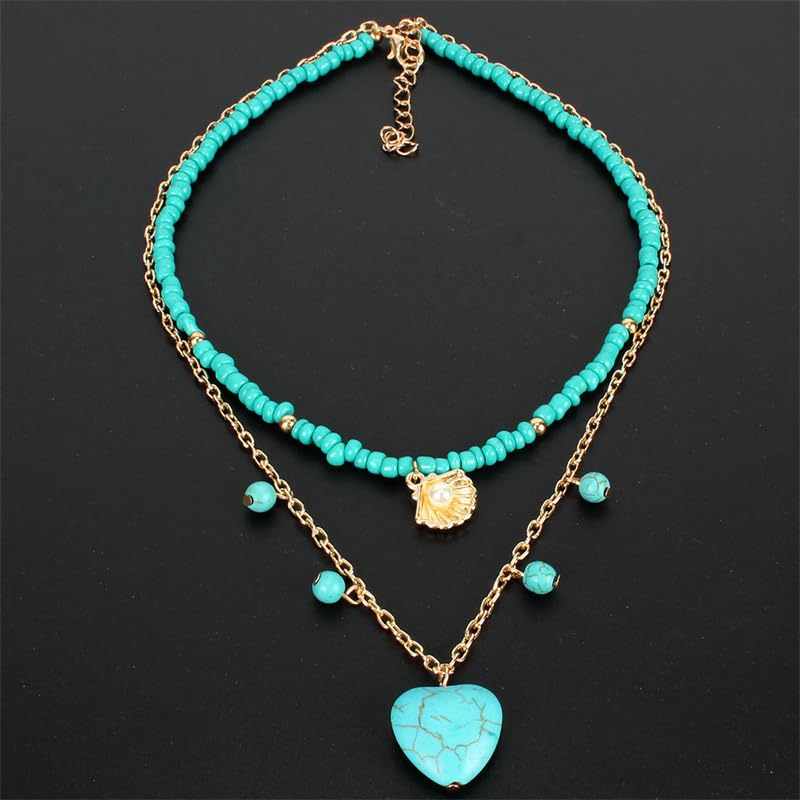 Pingyongchang Boho Layered Western Turquoise Necklaces for Women Vintage Stone Beaded Chokers Butterfly Catus Chain Country Concert Cowgirl Cowboy Jewelry Holiday Gifts - style: E Heart