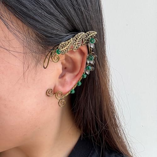 Elf Ear Cuffs, OwMell Handcraft Silver Pointed Fairy Elven Cosplay Fantasy Costume Bridal Wedding Earrings for Non Pierced Ears - style: 3 Flowers