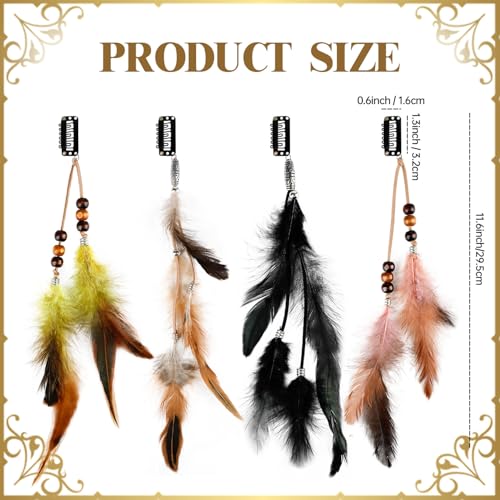 8Pcs Feather Hair Clips bohemian Hippie hair Extensions gypsy hair accessories Indian Tassel Feathers Beads for Festival Headwear Halloween Cosplay Carnival Party (Mix Colors)