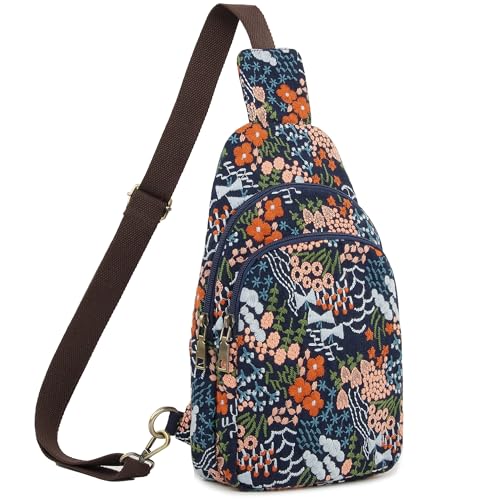 SILKAREA Canvas Sling Bag for Wome Crossbody Purse Small Sling Backpack Purse Travel Hiking Chest Bag Daypack - color: Embroidered Blue