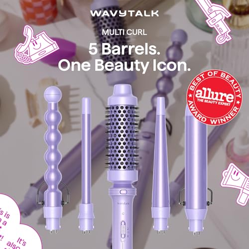 Wavytalk 5 in 1 Curling Iron,Curling Wand Set with Curling Brush and 4 Interchangeable Ceramic Curling Wand(0.5”-1.25”),Instant Heat Up,Include Heat Protective Glove & 2 Clips (Purple) - color: Purple