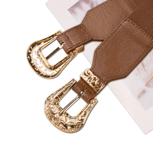 Dubulle Womens Belt Chain Leather Belts Vintage Western Adjustable Elastic Double Buckle for Cowboy Pant Dress - color: Coffee Brown Gold